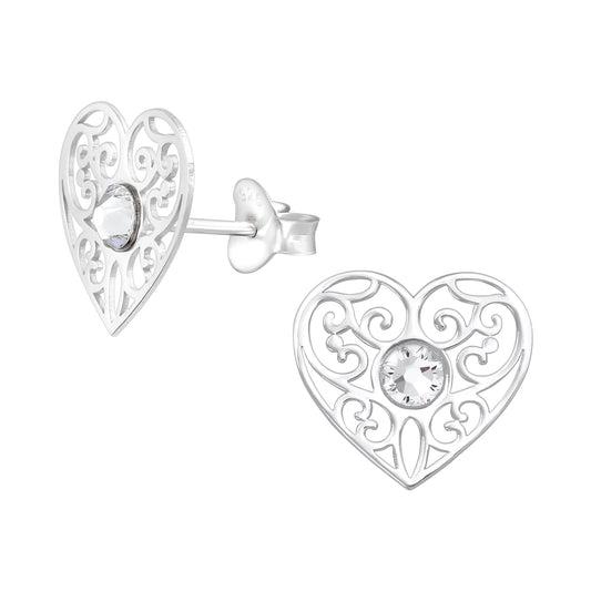 Silver Heart Ear Studs with Genuine European Crystals