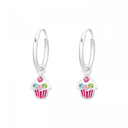 Silver Ear Hoops with Hanging Cupcake and Crystal