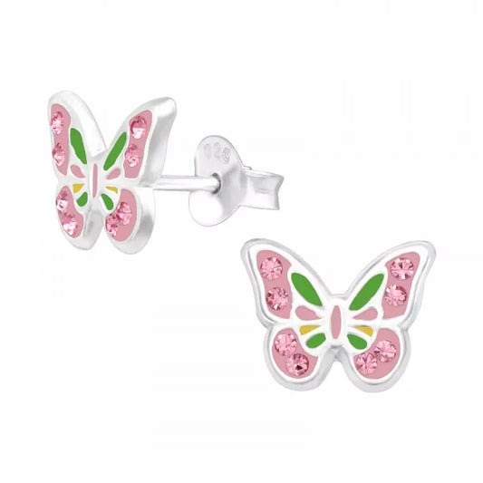 Children's Silver Butterfly Ear Studs with Crystal