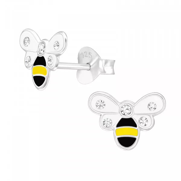 Children's Silver Bee Ear Studs with Crystal