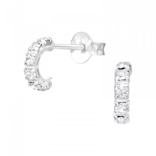 Silver Half Hoop Ear Studs with Crystal