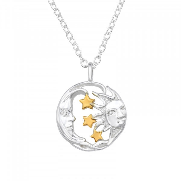 Sun and Moon with Stars Sterling Silver 24K Necklace